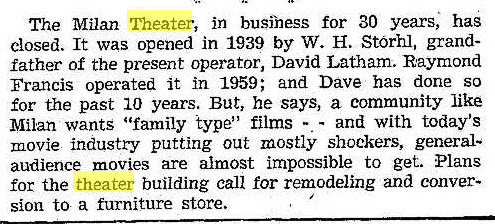 Milan Cinema (Milan Theatre) - Saline Reporter Sep 25 1969 Article On Closing